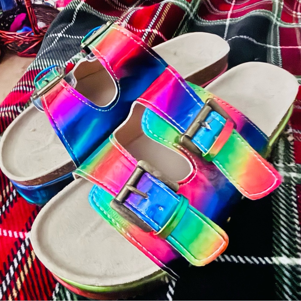 Metallic neon rainbow sandals 
size 10 (women’s)